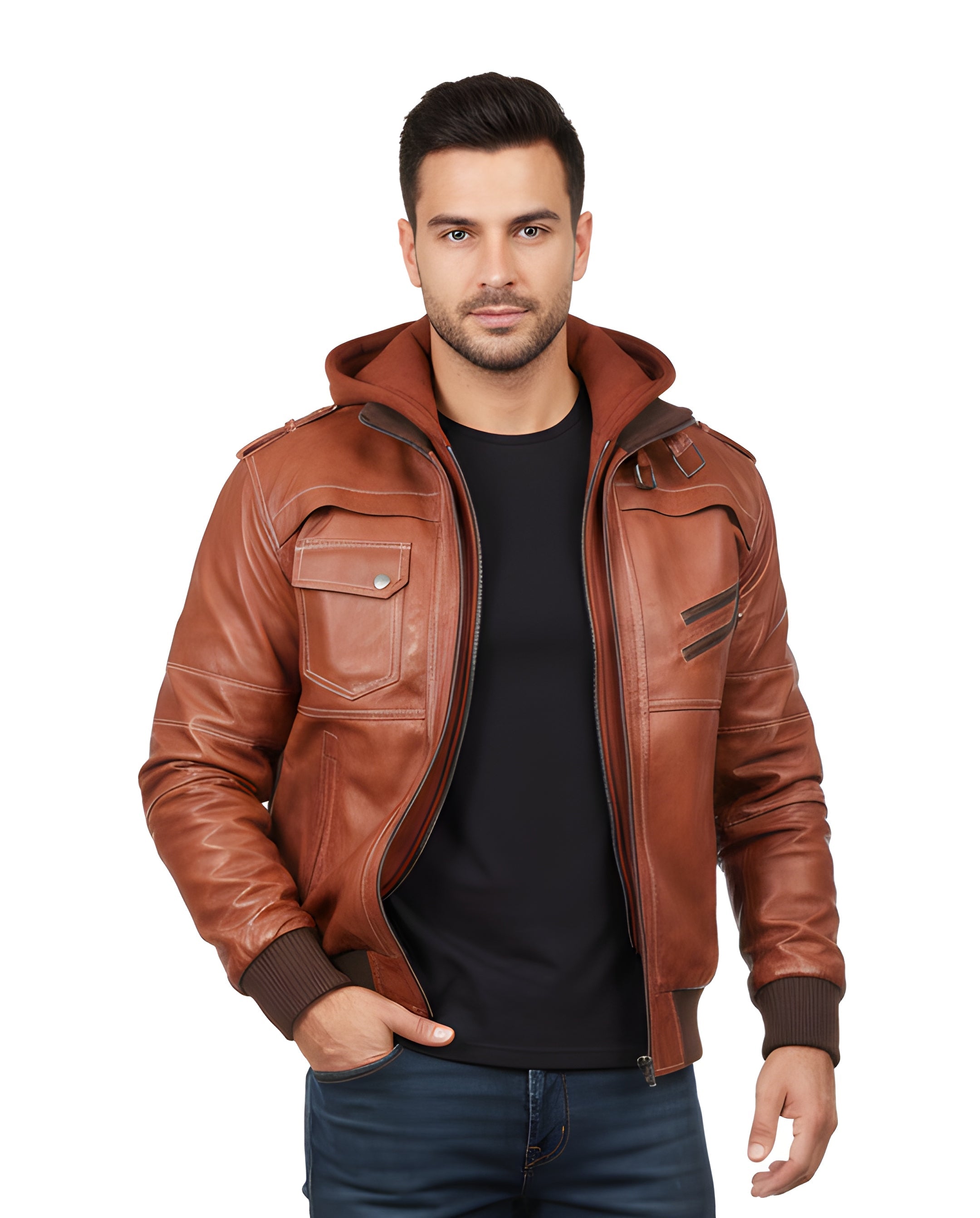 Men's Hooded Brown Vax Leather Jacket 3b Leather